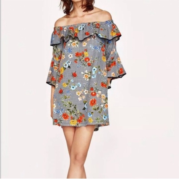 Zara Checkered Floral Off Shoulder Mini Dress - Picture 1 of 6